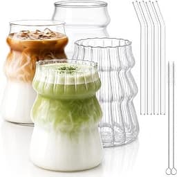 Peohud 4 Pack Ribbed Glass Cups, 16 Oz Iced Coffee Glass with Straw