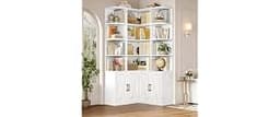 FINETONES 74" Tall Corner Bookshelf, White Bookshelf with Doors | Corner Bookcase Farmhouse Bookshelves and Bookcases...