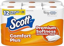 Scott ComfortPlus Toilet Paper, 12 Triple Rolls, 231 Sheets per Roll, Septic-Safe, 1-Ply Toilet Tissue (Packaging May...