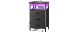 Huuger Night Stand with Charger Station and LED Lights, 3 Drawer Nightstand, Bed Side Table with Open Shelf, End Tabl...