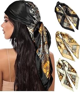 AWAYTR 35” Large Square Satin Head Scarf - 3Pcs Satin Hair Scarves Silk Bandana Scarf Headscarf Silk Feeling Scarf fo...