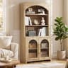 70" Tall Arched Bookshelf, Bookcase with Glass Doors, Natural