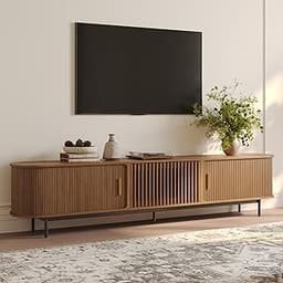 POVISON Fully-Assembled Mid Century Modern TV Stand for 75+ inch TV, Sliding Door Entertainment Center with Storage, ...