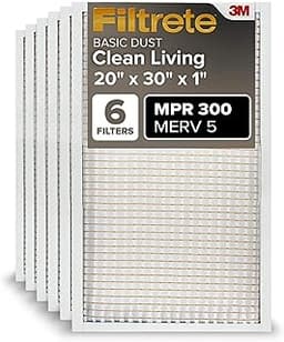 Filtrete 20x30x1 Air Filter MERV 5, 6-Pack AC Furnace HVAC Filters for Home, MPR 300 Basic Dust Defense, Pleated Elec...