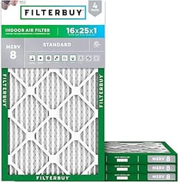 Filterbuy 16x25x1 Air Filter MERV 8 Essential Dust & Allergy Defense (4-Pack), Electrostatic Pleated HVAC AC Furnace ...