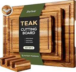 Bellsal 3 Pack Teak Wood Cutting Board Set for Kitchen Charcuterie Board Serving Heavy Duty Non Toxic Slip Over Sink ...