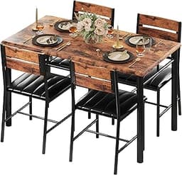 IRONCK Dining Table Set for 4, Wood Kitchen Table with Upholstered Chairs for Kitchen Room and Small Spaces, Rustic B...