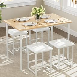 VECELO Dining Table and Faux Leather Chairs Set for 4, Oak | Kitchen table and chairs set for 4, Faux leather stools,...