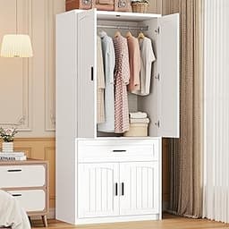 LIKIMIO 77" Tall Freestanding Armoire Wardrobe Closet with 4 Doors, Drawer, Hanging Rod & Adjustable Shelves, Bedroom...