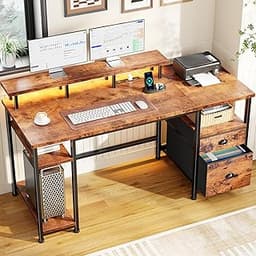 Furologee 61" Computer Desk with Power Outlet & LED Lights, Reversible Gaming Desk with File Cabinet & Monitor Stand ...