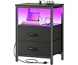 Huuger Night Stand with Charger Station and LED Lights, 2 Drawer Nightstand, Bed Side Table with Open Shelf, End Tabl...