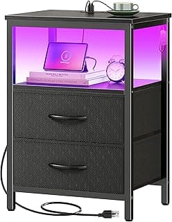 Huuger Night Stand with Charger Station and LED Lights, 2 Drawer Nightstand, Bed Side Table with Open Shelf, End Tabl...
