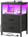Huuger Night Stand with Charger Station and LED Lights, 2 Drawer Nightstand, Bed Side Table with Open Shelf, End Tabl...