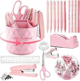 Eersida 20 Pcs Pink Desk Accessories, Desk Organizer with 360° Rotating Pen Holder, Stapler, Staple Remover, Tape Dis...