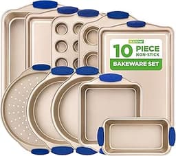 NutriChef Kitchen Oven Baking Pans - Deluxe Nonstick Gold Coating Inside & Outside Carbon Steel Bakeware Set With Blu...