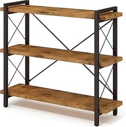 HCHQHS Bookshelf, 3-Tier Industrial Bookcase, Rustic Open Book Shelf, Wood and Metal Horizontal Bookshelves