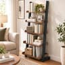 5 Tier Leaning Ladder Shelf, Wooden Bookshelf with Raised Edges, Walnut
