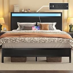 Fluest Queen Bed Frame with Headboard & Footboard, Bed Frame with Built-in Charging Station & LED Light, Storage Shel...