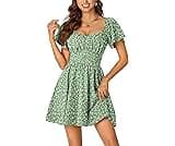 Rooscier Women's Tie Back Square Neck Wrap Ruffle Short Sleeve Flare Mini Dress