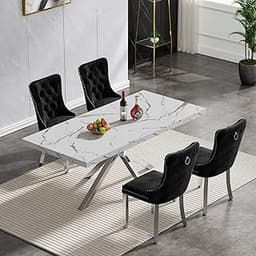 70" Modern White Faux Marble Dining Room Table Set for 4, 5-Piece Kitchen Dining Room Table Set with Silver X-Shaped ...