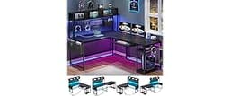 SEDETA L Shaped Gaming Desk, Reversible Computer Desk with Power Outlet and Pegboard, Gaming Desk with Led Lights, Ke...