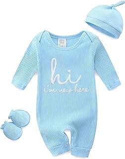 Bibimom Baby Romper with Baby Mittens & Newborn Hats Footless Long Sleeve Solid Onesie Hi Im New Here