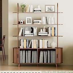 Tall Large Bookshelf with Sliding Doors, 5 Tier Long Wood Bookcase, Mid Century Modern Book Shelf with Storage, Arche...