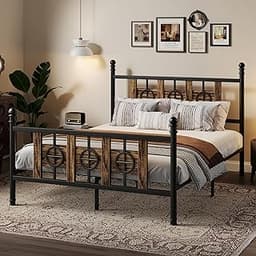 GarveeHome Queen Bed Frame with Headboard, Metal Platform Bed Frame with Under-Bed Storage, Industrial Vintage Style ...