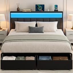 Queen Bed Frame with 2 Storage Drawers, Grey Upholstered | Headboard with Charging Station and LED Lights, Metal Plat...