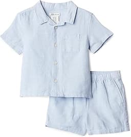 Amazon Essentials x Sofia Grainge Toddlers and Baby Boys' Cotton Linen Short Sleeve Shirt & Shorts Play Set