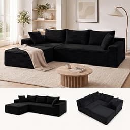 Claiks 94" Boneless Couch, L-Shape Corduroy Sectional Sofa, Black | Flexible Module Combination for Living Room, No A...