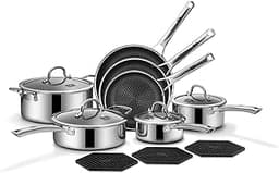 SNOWCLAD Pots and Pans Set Non Stick, 14 Pcs Hybrid Stainless Steel Cookware Sets, Non Stick Frying Pans, Saucepans, ...
