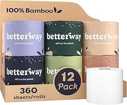 Betterway Bamboo Toilet Paper 3 Ply - Sustainable Toilet Tissue - 12 Long-Lasting Rolls & 360 Sheets Per Roll - Septi...