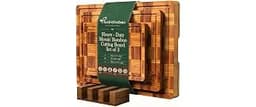 Checkered Cutting Board Set with Holder, Set of 3 Heavy Duty End Grain Butcher Block Boards for Kitchen, Bamboo Chopp...