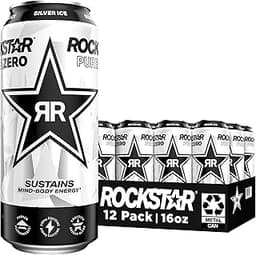 Rockstar Pure Zero Energy Drink, Silver Ice, 0 Sugar, with Caffeine and Taurine, 16oz Cans (Pack of 12) (Packaging Ma...