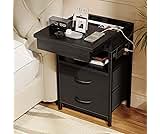 Lazzanto Nightstand Hidden Drawer Charging Table - Night Stand with Charger Station and Sliding Top Storage, Morden B...