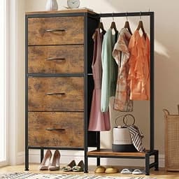 HIGDBFE Tall Dresser 44''H with Hanging Rack, 4 Drawers Small Closet Dresser for Bedroom, Reversible Fabric Chest of ...