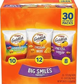 Goldfish Crackers Big Smiles Variety Pack with Cheddar, Colors, and Pretzels, Snack Packs, 30 Ct