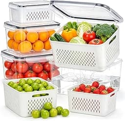 HOMETALL 4 Pack Fruit Storage Containers for Fridge Set, Produce Containers for Fridge with Strainer, Plastic Reusabl...