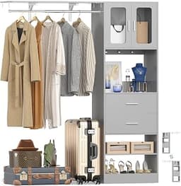 5FT Closet System with Doors and Wooden Drawers, 60'' Reversible Closet Organizer System with Big Wing Shelf and Hang...