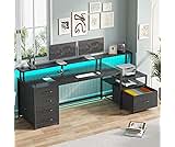 SEDETA Computer Desk with 5 Drawer, Power Outlet & Led Lights, 66'' Home Office Desk with File Drawer, Storage, Monit...