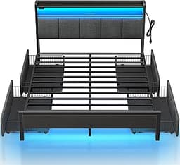 Rolanstar Bed Frame Queen Size with Charging Station and LED Lights, Upholstered Storage Headboard with Drawers, Heav...