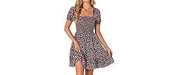 Rooscier Women's Summer Boho Floral Print Square Neck Smocked Ruffle Casual Sundress Mini Dress