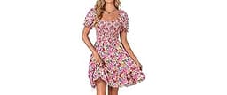 Rooscier Women's Summer Boho Floral Print Square Neck Smocked Ruffle Casual Sundress Mini Dress
