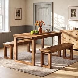 3-Piece Solid Wood Dining Table Set with 2 Benches | Rectangular Farmhouse Dining Table Set for 4, Solid Wood Materia...