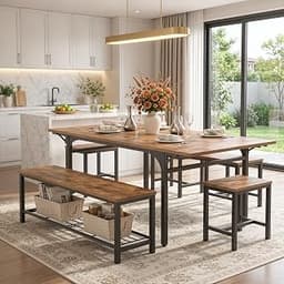 RALGEND Dining Table Set for 4-6 with 1 Bench and 4 Stools, Brown and Black