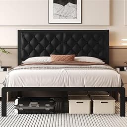 Fluest Queen Bed Frame with Headboard PU Leather Upholstered Bed Frame Platform,All Metal Slats Support Platform Bed ...