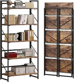 JSB No Assembly Folding Bookshelf, 5 Tier Industrial Metal Book Shelf for Storage, Vintage Wood Foldable Bookcase for...