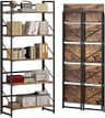 JSB No Assembly Folding Bookshelf, 5 Tier Industrial Metal Book Shelf for Storage, Vintage Wood Foldable Bookcase for...