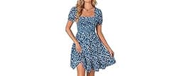 Rooscier Women's Summer Boho Floral Print Square Neck Smocked Ruffle Casual Sundress Mini Dress